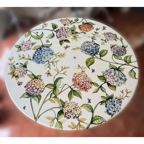 Table. Ceramic-coated lava stone table. Hand-painted Hydrangeas. Vietri ceramic.
