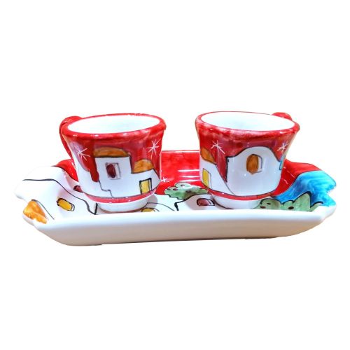 Kaffee-Tassen- und Tablett-Set „Tet-a-Tet“ Geschenk. Linie Häuschen. Vietri Keramik.