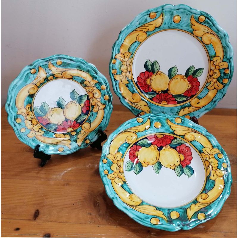 Double-pattern plate, hand-painted Vietri ceramic. Flat, soup, or fruit plate.