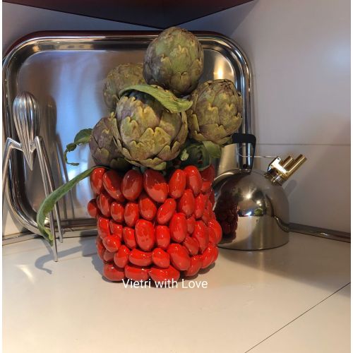 Vaso a rilievo in Ceramica finissima -Pomodori Ceramica vietrese dipinta a mano