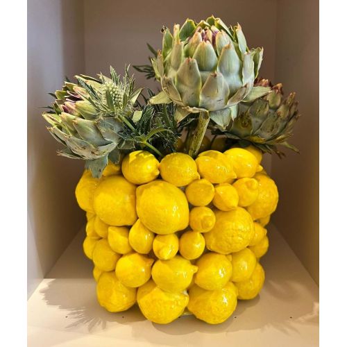 Vaso a rilievo in Ceramica finissima -Limoni Ceramica vietrese dipinta a mano