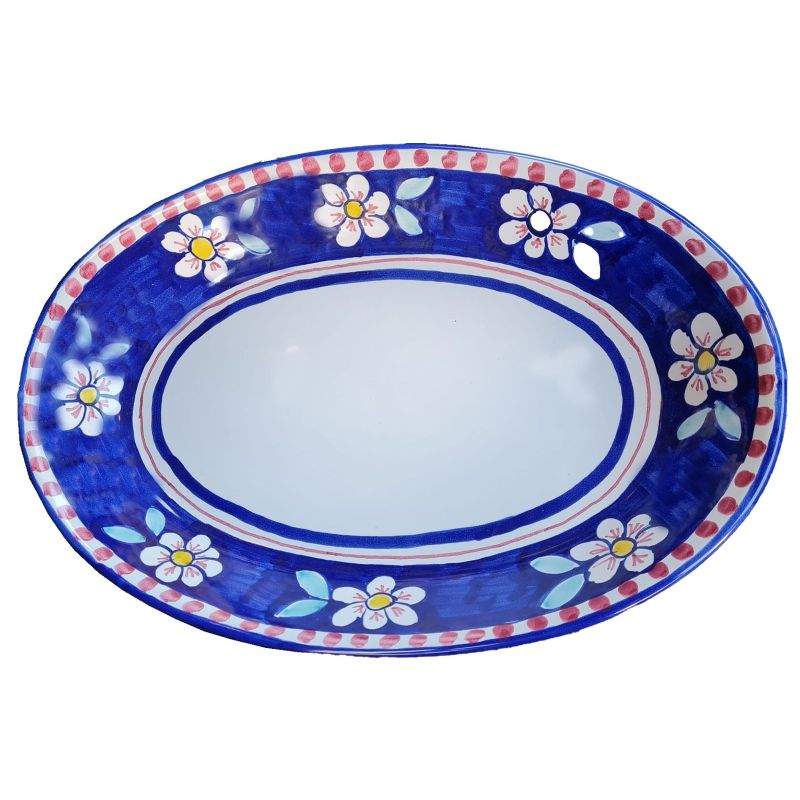 Piatto vassoio ovale a coppa Fiorellini fondo Blu. Piatti da portata in Ceramica di Vietri.