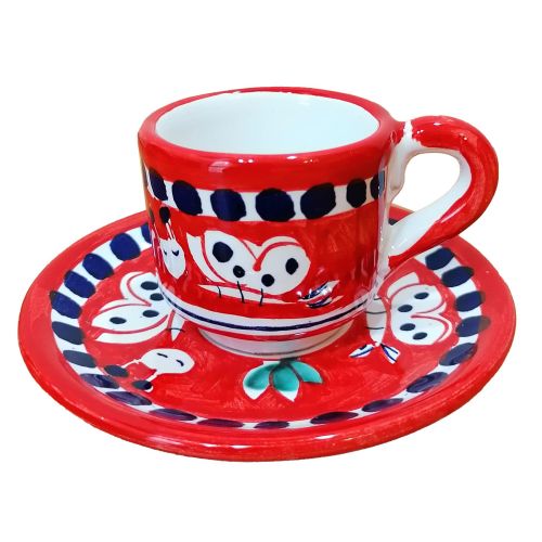 Kaffeetasse mit Untertasse. Tierchen-Linie. Vietri-Keramik. Handbemalt.