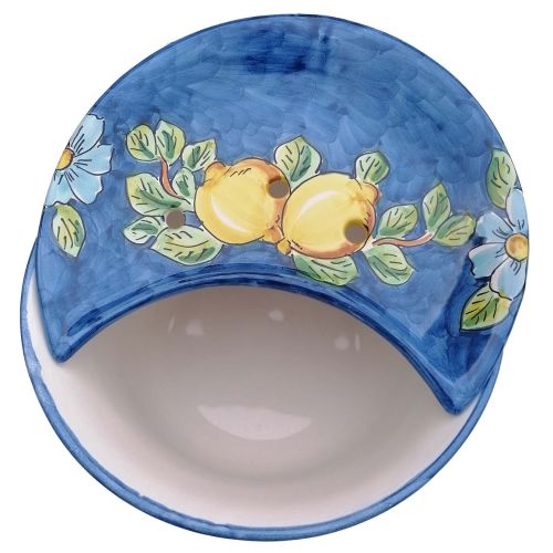 Sponzapane Porta Mozzarella linea limoni bordo blu - Ceramica di Vietri dipinta a mano