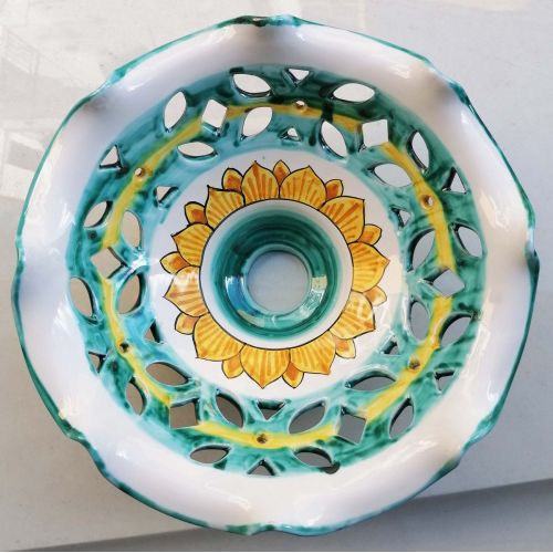 Wavy edge chandelier white Background Copper Green line. handpainted Vietri ceramic.