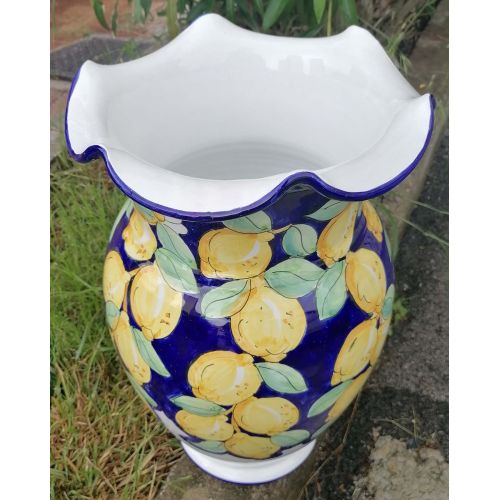 Umbrella holder vase Blue background and lemons handpainted Vietri ceramic