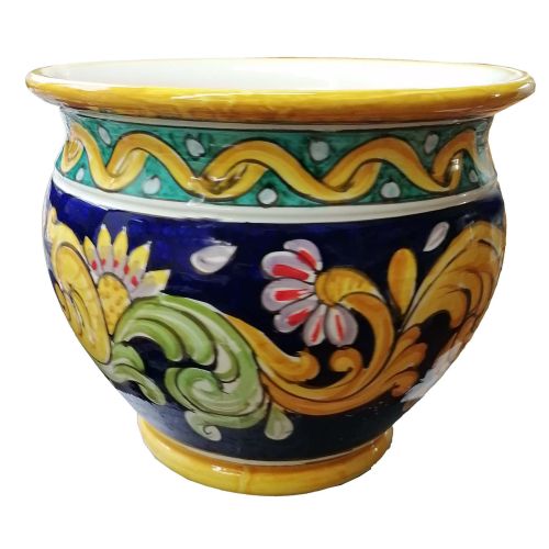 Cachepot Titular de planta de línea barroca y flores. Cerámica Vietri pintada a mano.