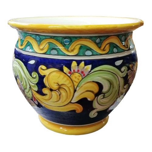 Cachepot Titular de planta de línea barroca y flores. Cerámica Vietri pintada a mano.