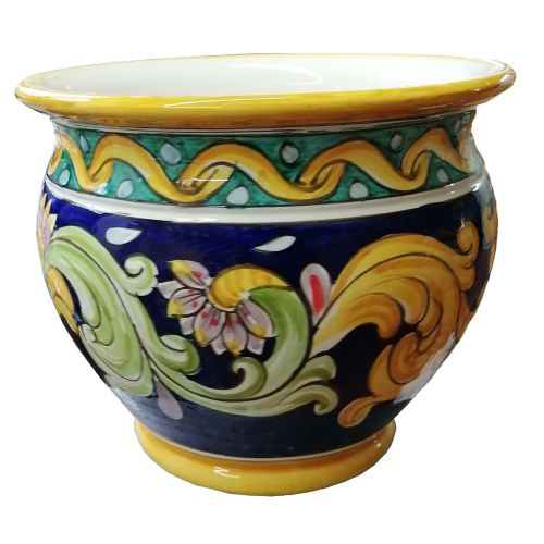 Cachepot Portapianta linea barocco e fiori. Ceramica di Vietri dipinta a mano.
