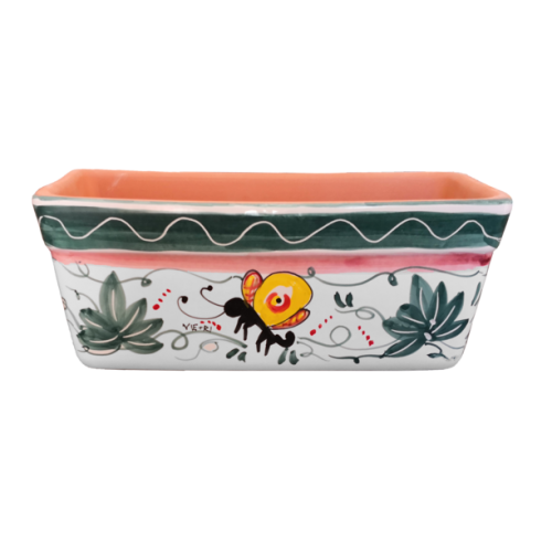 Jardinera rectangular. Fondo blanco con mariposas. Cerámica de Vietri. Pintada a mano.