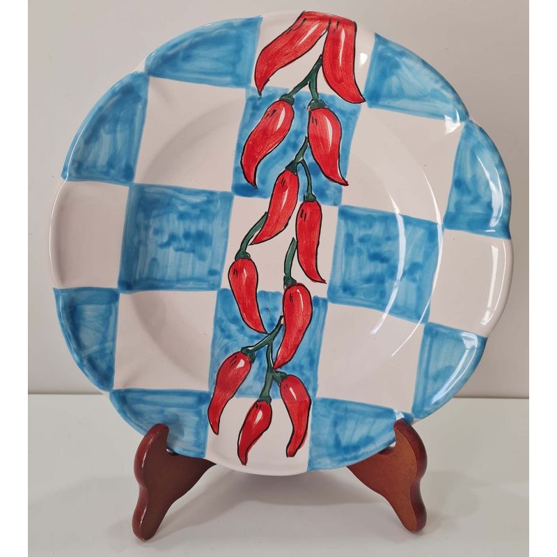 Piatto linea Quadri e peperoncini dipinti a mano in ceramica vietrese - disponibili fondi, piani, frutta/dolce o sottopiatti