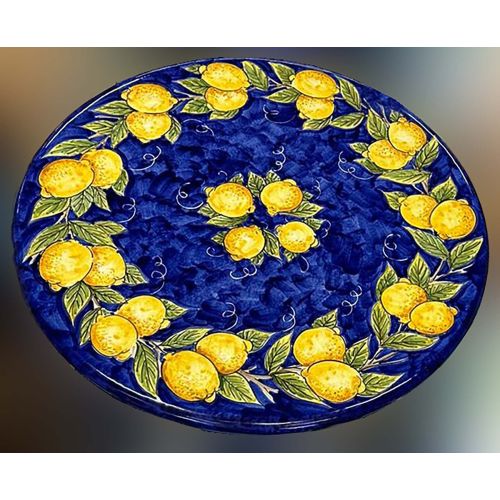 Table en pierre de lave émaillée. Citrons sur bleu. Peinte à la main. Céramique de Vietri.
