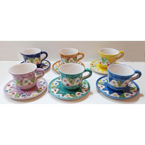 Taza y plato para café y leche línea Casette Positano. Cerámica de Vietri pintada a mano.