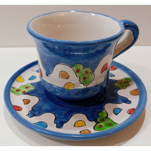 Taza y plato para café y leche línea Casette Positano. Cerámica de Vietri pintada a mano.