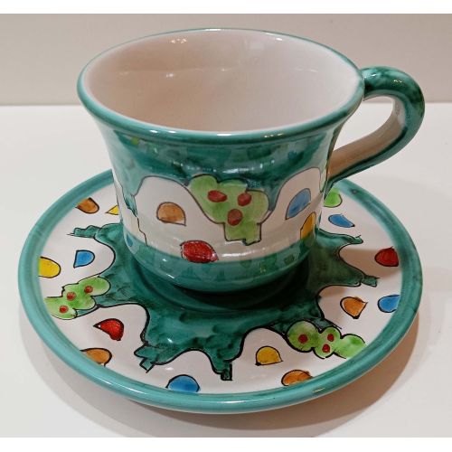 Taza y plato para café y leche línea Casette Positano. Cerámica de Vietri pintada a mano.