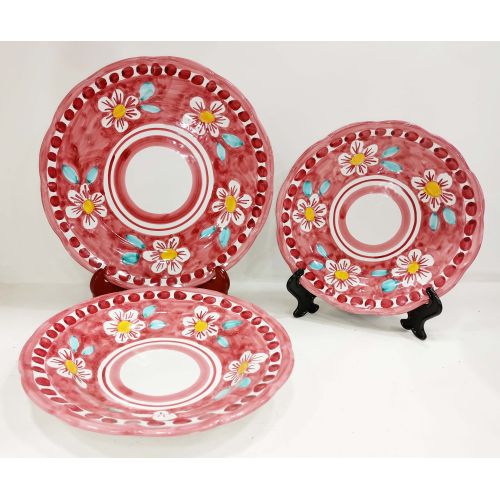 Dishes 3 pieces Flowers line. handpainted Vietri ceramic Three pieces. Dinner, soup and fruit plate
