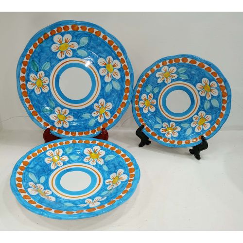 Dishes 3 pieces Flowers line. handpainted Vietri ceramic Three pieces. Dinner, soup and fruit plate