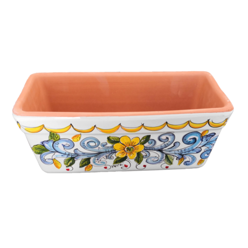 Rectangular Planter. White Base with Baroque and Flowers. Vietri ceramic. Hand-painted.
