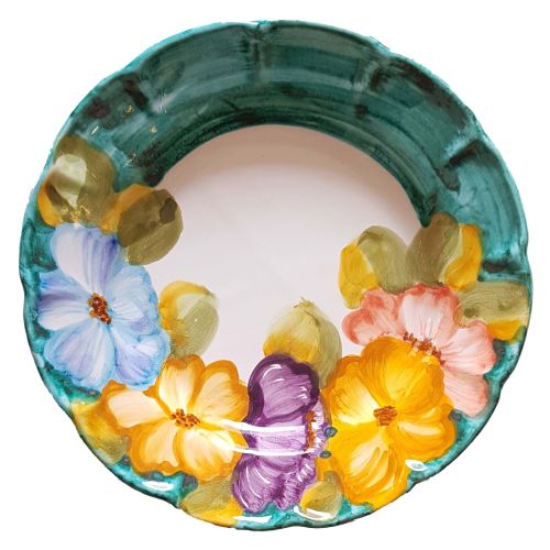 Teller. Linie Halber-Blumenrand. Handbemalte Keramik aus Vietri
