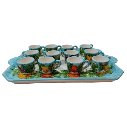 Bandeja con 12 tazas y azucarero. Línea Frutas. Cerámica de Vietri. Pintado a mano.