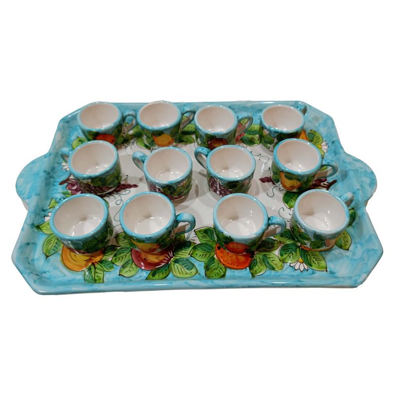 Bandeja con 12 tazas y azucarero. Línea Frutas....