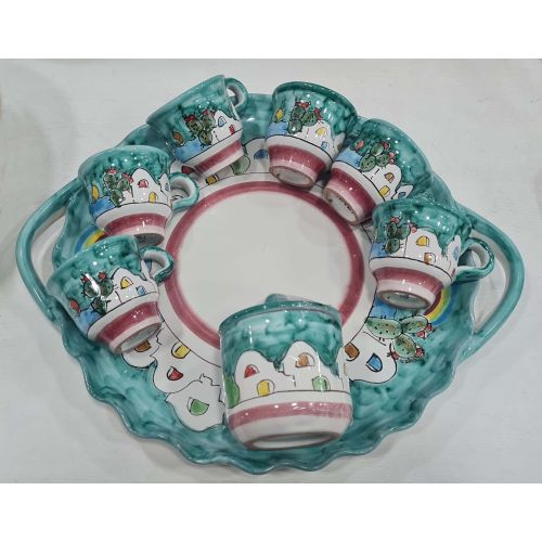 Tray with 6 cups and sugar bowl. Little Houses line. Vietri ceramic. Hand-painted.