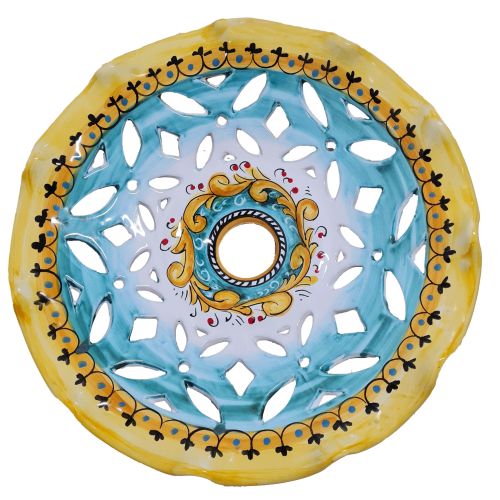 Lampadario bordo ondulato traforato. Ceramica di Vietri dipinta a  mano.