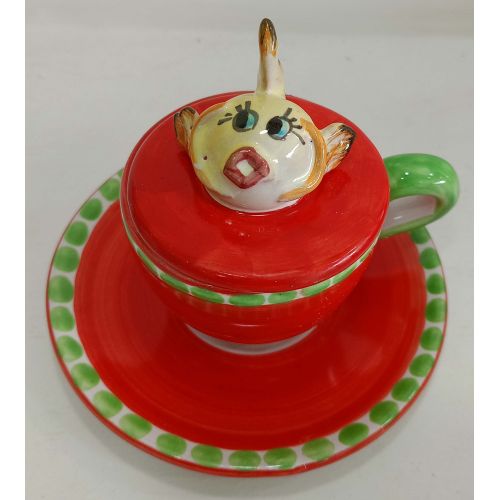 Coffee cup with embossed lid, saucer animal line. Hand-painted Vietri ceramic.