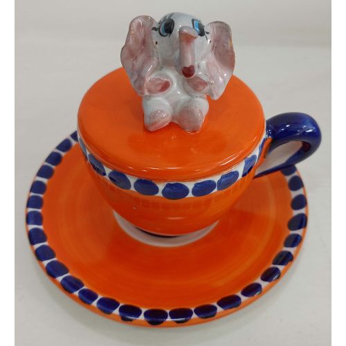 Coffee cup with embossed lid, saucer animal line. Hand-painted Vietri ceramic.