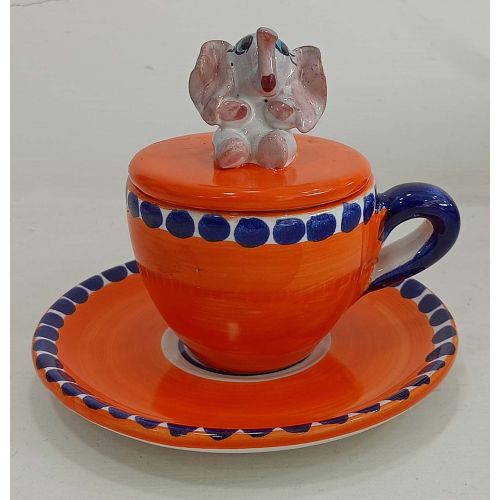 Coffee cup with embossed lid, saucer animal line. Hand-painted Vietri ceramic.
