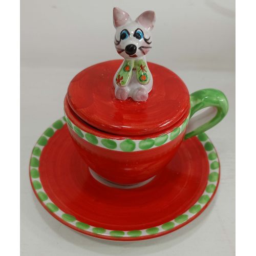 Coffee cup with embossed lid, saucer animal line. Hand-painted Vietri ceramic.