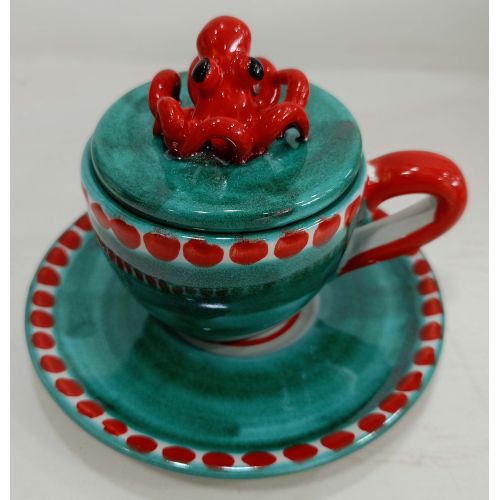 Coffee cup with embossed lid, saucer animal line. Hand-painted Vietri ceramic.