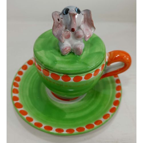 Coffee cup with embossed lid, saucer animal line. Hand-painted Vietri ceramic.