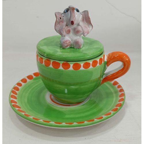 Coffee cup with embossed lid, saucer animal line. Hand-painted Vietri ceramic.