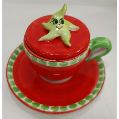 Coffee cup with embossed lid, saucer animal line. Hand-painted Vietri ceramic.