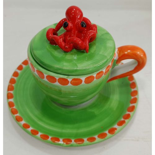 Coffee cup with embossed lid, saucer animal line. Hand-painted Vietri ceramic.