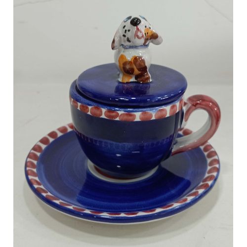 Coffee cup with embossed lid, saucer animal line. Hand-painted Vietri ceramic.