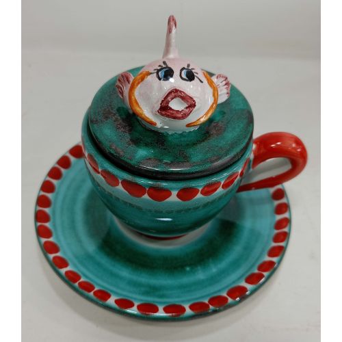 Coffee cup with embossed lid, saucer animal line. Hand-painted Vietri ceramic.