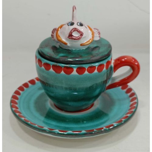 Coffee cup with embossed lid, saucer animal line. Hand-painted Vietri ceramic.