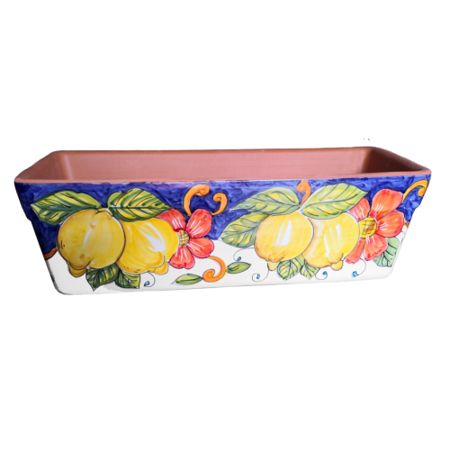 Jardinière rectangulaire. Fond bleu avec citrons....