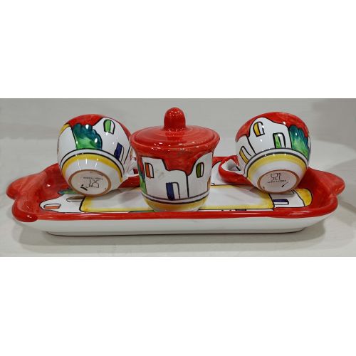 Set Tassen mit Zuckerdose mit Tablett Casette Line. Handbemalte Vietri-Keramik.