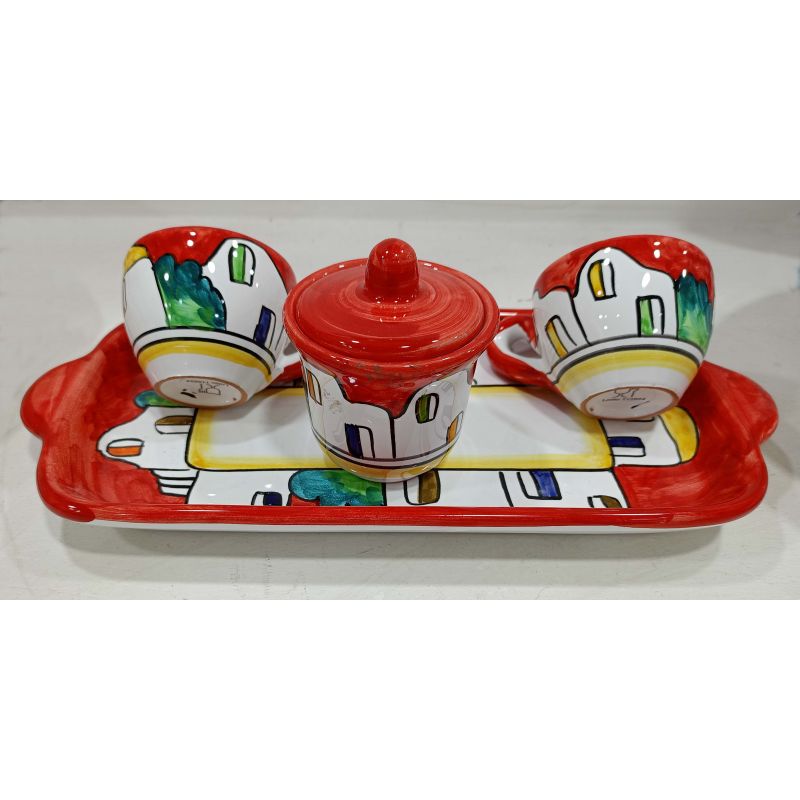Set of coffe cups, sugar cup. With tray houses...
