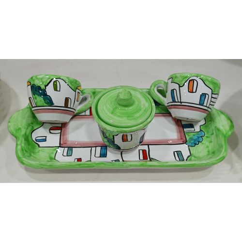 Set of coffe cups, sugar cup. With tray houses line. handpainted Vietri ceramic