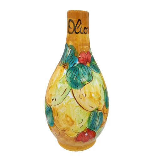 Oliera Acetiera bottiglia olio Aceto Con Manico Linea Limoni e Fiori. Ceramica di Vietri dipinta a mano